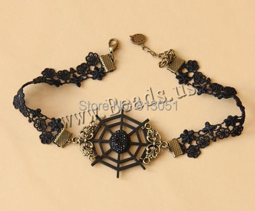 Free shipping!!!Gothic Necklace,Wholesale, Lace, with Leather & Resin & Zinc Alloy, with 2.5Inch extender chain, spider web
