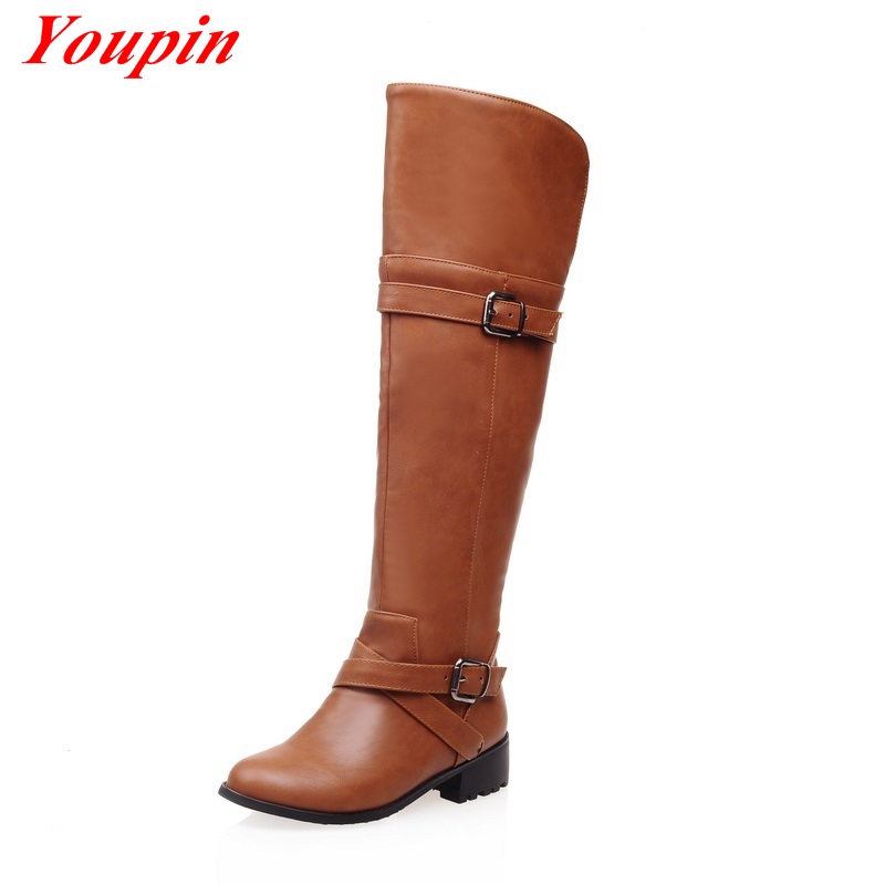 Leather Buckle Knee Boots 2015 Low-heeled Long Boots Winter Short Plush Womens Shoe Zip Plus Size Leather Buckle Knee Boots