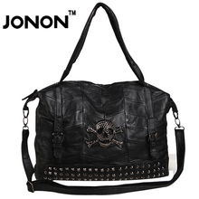 JONON Rivets Skull Sheep Skin Women Messenger Bags Luxury Brand Vintage Stitching Patchwork Genuine Leather Handbag Shoulder Bag