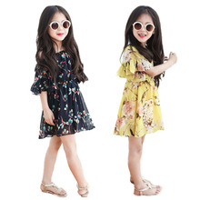 Factory Price! Toddler Kids Girl Floral Dress Elastic Neck Slim Waist Chiffon Short Dress 2-7 years