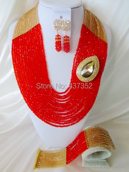 Exclusive 22'' Long 16 layers Champagne Gold and Red Crystal Nigerian Beads Necklaces African Wedding Beads Jewelry Set NC041