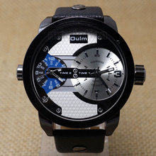Oulm Men Watch with Double Movt Numbers and Strips Hours Marks Leather Band Quartz men sports Watch Military watches