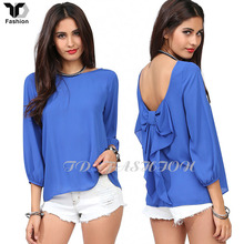 New 2015 Spring Fashion Long Sleeve Tops kimono Women Backless Chiffon Blouse Shirt Bow T Shirt