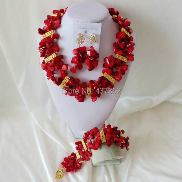 Handmade Nigerian African Wedding Beads Jewelry Set , Red Coral Beads Necklace Bracelet Earrings Set CWS-390