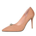 Simple Thin High Heels Shallow Mouth Women Pumps Pointed Toe Crystal Flock Ladies Fashion Shoes W09222