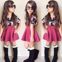 2015 Baby Girls 2Pcs Flower Floral Shirt Skirt Summer A-Line Dress Outfits