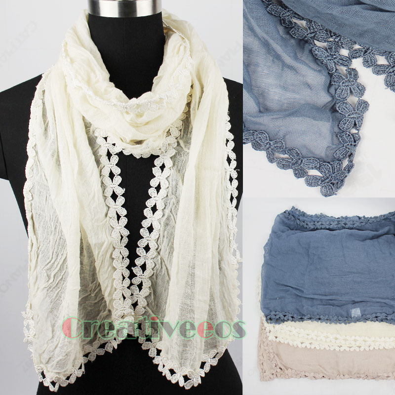 New Stylish Vintage Unique Fashion Women s Cotton Comfortable Long Scarf Shawl With Lace Trim