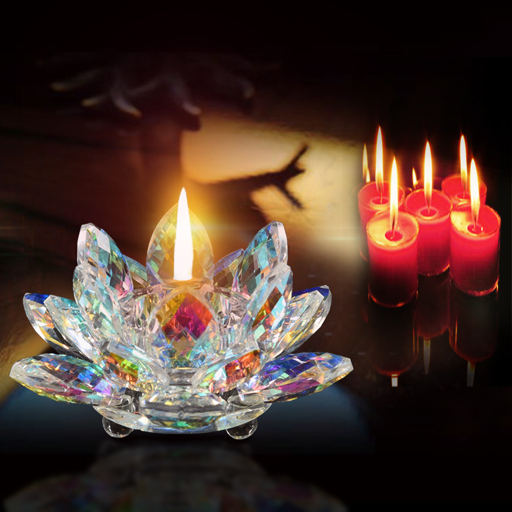 Candleholder Crystal Glass Lotus Flower Candle Light Holder Buddhist Candlestick 