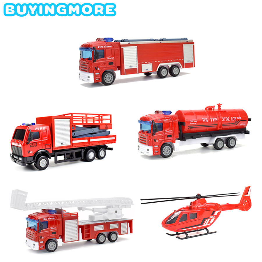 NUOBESTY Trailer Toy Set Flatbed Trailer fire Truck Toy fire Engine Truck and Helicopter Rescue Vehicles Set Pull Back and go Toys 1:64