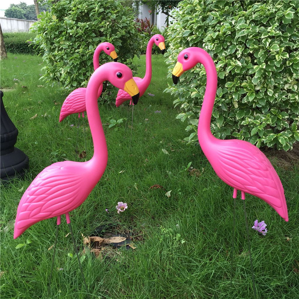 2 Pcs Garden Ornaments Pink Flamingo Bird Lawn Pond Ornaments Figurine Statues 