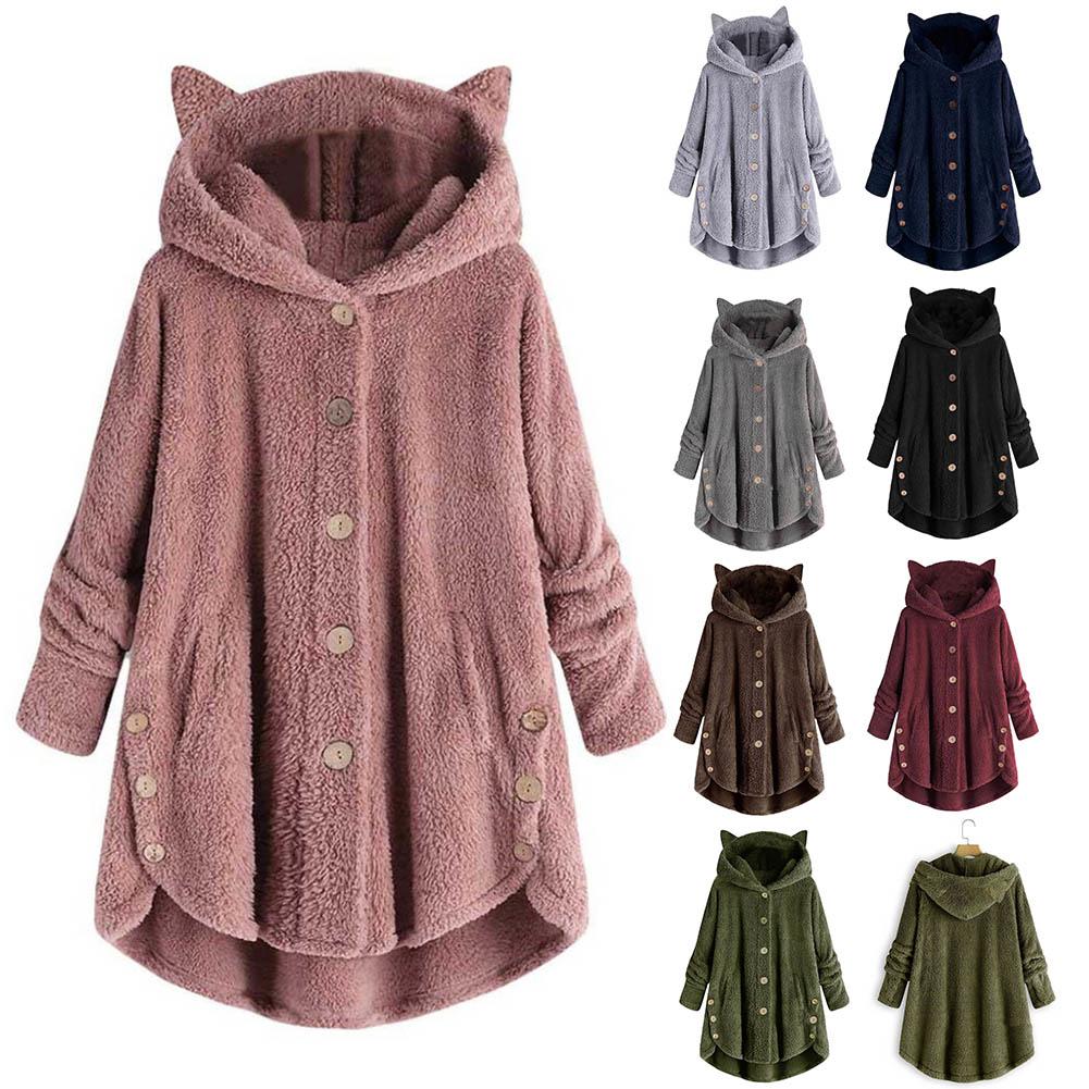iOPQO Womens Double-Sided Sherpa Cute Cat Embroidered Long Sleeve Hoodie Coat with Pocket