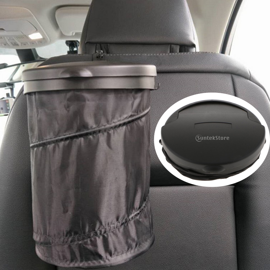 Baosity Plastic Folding Car Trash Can Car Garbage Bin Container Rubbish Bin Black with Flip Open Lid and Adjustable Hook 