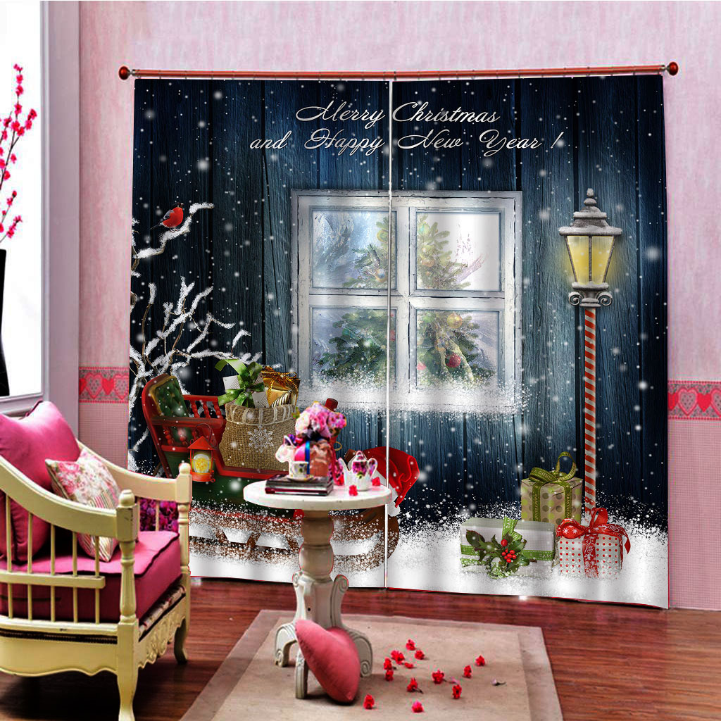 3D Christmas Window Curtain Xmas Curtains Drapes Living Room 50% Blackout Decor 