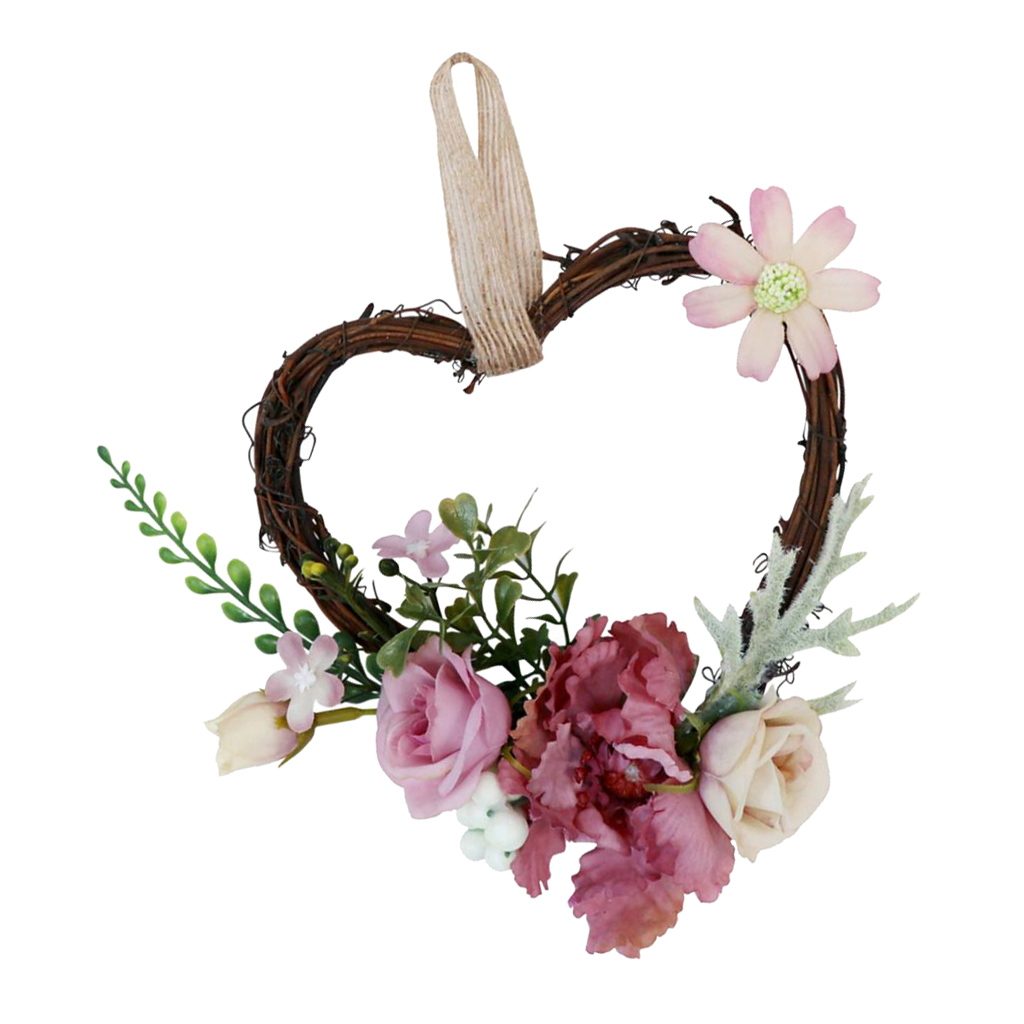 Shabby Chic Heart Rattan Artificial Rose Flower Wreath with Rope Hanging Decor 