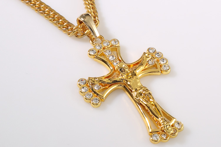 H Men Jewelry Gold Plated Jesus Cross Charm Inside Rhinestone Pendants Men\'s Necklace 