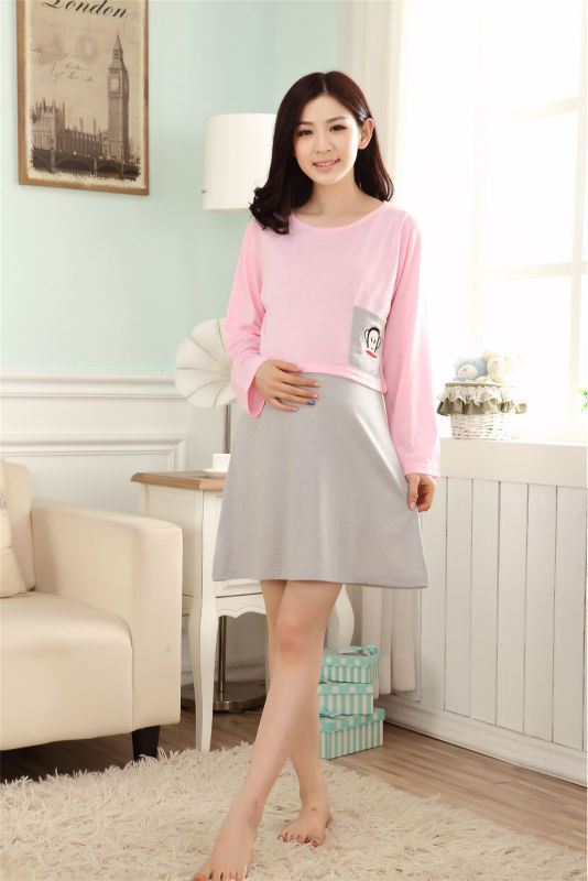 Contrast color 2 piece long sleeve nursing nightgown for pregnant breastfeeding maternity wear clothes nightwear pregnant women4
