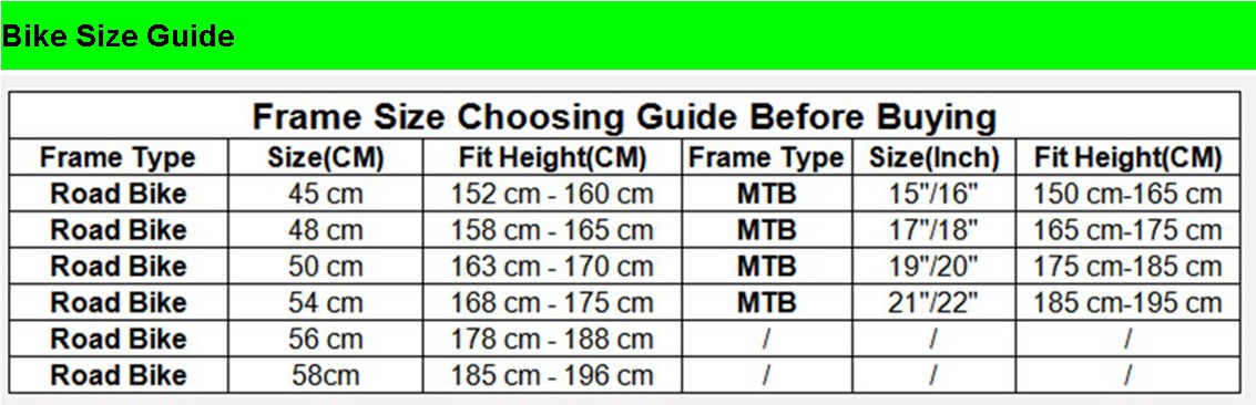 29er Bike Frame Size Chart