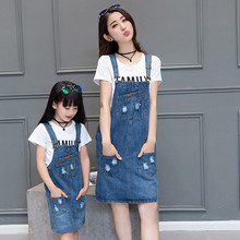 2016 matching mother daughter clothes dresses girls women denim dress+ cotton t-shirts family look clothing set mommy and me